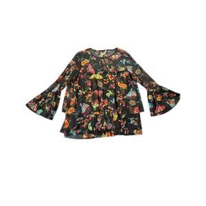 Moon & Sky Butterfly Floral Sheer Mesh Tiered Bell Sleeve Blouse Black Whimsical